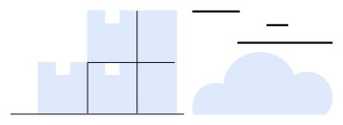 Yığılmış kutular nakliye organizasyonu minimalist darbelerle bir bulutun yanında oturur. Lojistik, tedarik zinciri, depolama, depo yönetimi, bulut hesaplama, minimalizm, basit iniş sayfası için ideal