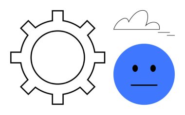 Çalışmayı ya da teknolojiyi temsil eden vites, ruh halini ya da duyguyu ifade eden nötr ifade ve doğa ya da düşünceler için basit bir bulut. Teknoloji, ruh hali, denge, iş hayatı dengesi ve yenilik için ideal