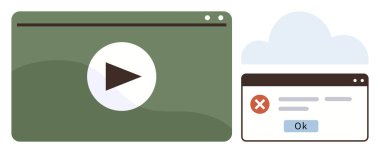 Bulut arkaplanı üzerinde hata penceresinin yanında çalma düğmesi olan yeşil video oynatıcı. Teknoloji, medya, UI tasarımı, hata işleme, sistemler, sorun giderme, çevrimiçi araçlar için idealdir. Basit düz