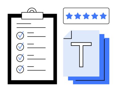 Kontrol listesi ve tamamlanmış görevleri olan pano, T etiketli belge yığını ve beş yıldızlı değerlendirme paneli. Üretkenlik, organizasyon, incelemeler, görev takibi, hedefler, kalite değerlendirmesi için ideal basit