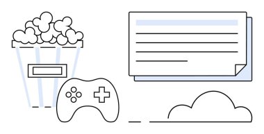 Patlamış mısır kovası oyun kontrolörünün yanında ve ekranı mesajla donatmak, eğlence seçeneklerini sembolize ediyor. Boş zaman, oyun, yayın, film gecesi, çevrimiçi aktivite, dijital içerik, basit