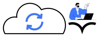 Bir bilgisayarın başında veri toplayan bir profesyonelin yanında senkronize oklarla bulut. Bulut teknolojisi, veri yönetimi, takım çalışması, yenilik, dijital dönüşüm, teknik destek için ideal