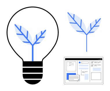 Yeşil fikirleri sembolize eden bir bitki filizi olan ampul, yaprak çizimi, dijital arayüz elementleri. Sürdürülebilirlik, yenilik, teknoloji, eko-fikirler, yaratıcılık, enerji metaforu için ideal