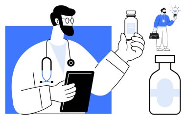 Elinde aşı şişesi ve tableti olan steteskoplu bir doktor ampul ikonlu küçük bir figür, tıbbi şişeler. Sağlık, yenilik, aşı, araştırma, teletıp, eczane için ideal