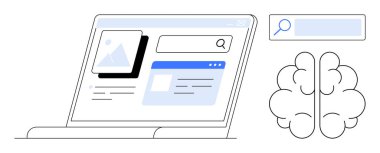 Bilgisayarda beyin simgesinin yanında arama çubuğu, resim ve içerik arayüzü gösteriliyor. Yapay zeka, teknoloji, yenilik, web araması, makine öğrenmesi, veri analizi basit iniş sayfası için ideal