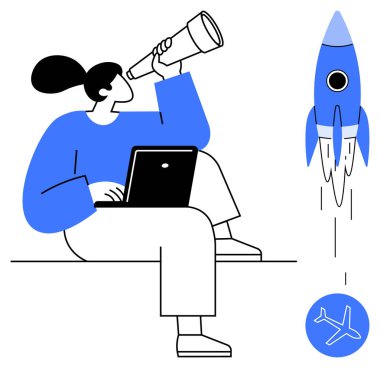 Dizüstü bilgisayar üzerinde çalışırken teleskop kullanan bir kadın ileri görüşü, keşfi ve yeniliği sembolize ediyor. Roket ve havacılık ikonu aspirasyon teması ekler. Ticari büyüme ve strateji için ideal