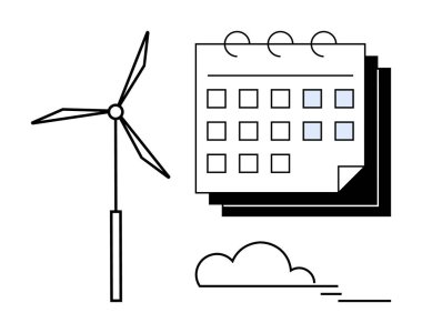 Vurgulanan günleri ve aşağıdaki bulutu simgeleyen bir takvimin yanında rüzgar türbini, yenilenebilir enerji, sürdürülebilirlik, planlama, proje programları, çevre dostu kavramlar, enerji tasarrufu ve zamanı simgeliyor.