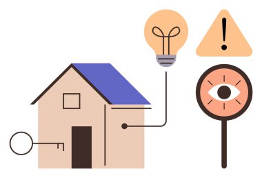 Ampul, göz ve uyarı işaretine bağlanan anahtar ve çizgileri olan ev. Güvenlik, teknoloji, yenilik, güvenlik, enerji verimliliği modern yaşam için idealdir. Basit düz metafor