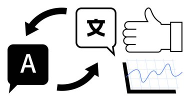 Oklar, baş parmaklar ve performans grafiği ile birbirine bağlı iki konuşma kabarcığı ve karakter. Dil araçları, iletişim, geri bildirim, küreselleşme, analitik ve eğitim için idealdir.