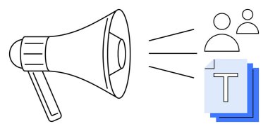 İki kullanıcı simgesi ve metin dokümanlarına ses çizgileri yansıtan megafon mesajlaşma, sosyal yardım ve içerik dağıtımını sembolize ediyor. Pazarlama, iletişim, duyurular, dijital medya için ideal