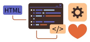HTML etiketi, kod düzenleyici ekranı, dişli sembolü ve kalp şekli görsel olarak bağlandı. Programlama, web tasarımı, kodlama eğitimi, yazılım geliştirme takım çalışması yenilik teknolojisi için idealdir. Basit düz