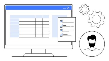 Bilgisayar ekranı bir tablo ve kontrol listesi, profil silueti, dişli simgeleri gösteriyor. İş akışı, verimlilik, görev planlaması, kullanıcı yönetimi, takım işbirliği, proje takibi için ideal
