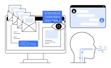 E- posta, ikili veri ve gizlilik simgesi sohbet penceresi ve iletişim ve veri akışını sembolize eden insan kafası içeren bilgisayar monitörü. Teknoloji, gizlilik, güvenlik, iletişim için ideal