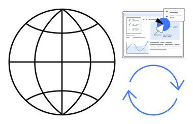 Küre tasarımı, veri gösterge paneli ve ikonu tazele. Küresel analitik, veri paylaşımı, iş akışı otomasyonu, dijital dönüşüm, gerçek zamanlı güncellemeler, sistem entegrasyonu sade iniş sayfası için ideal