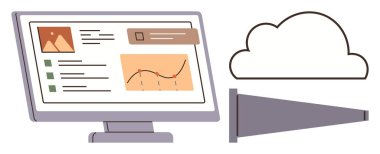 Bilgisayar monitörü analitik veri ve grafikleri bir bulut simgesi ve dosya yükleme sembolü ile gösterir. Teknoloji, veri, analiz, depolama, bulut hesaplama, çevrimiçi hizmetler, iletişim için ideal. Basit.