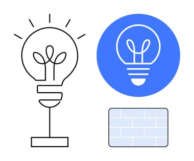 Parlayan filamanlı ayakta duran ampul, mavi dairede çizilmiş ampul simgesi ve fayanslı dikdörtgen desenli. Yaratıcılık, yenilik, markalaşma, tasarım, teknoloji, enerji sade iniş sayfası için ideal