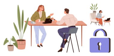 İki meslektaş bir masada fikirlerini tartışıyor, bitkilerle çevrili, işyerlerini ve takım çalışmalarını vurguluyorlar. Güvenlik için büyük kilit sembolü. Takım çalışması, iş, güvenlik, işbirliği için ideal