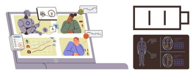 Yapay zekanın hasta verilerini, sağlık grafiklerini, duygularını ve röntgenlerini analiz ettiği dizüstü bilgisayar ekranı. Teknoloji, sağlık, teletıp, yenilik tanılama eğitimi giyilebilir teknoloji için idealdir. Basit düz metafor