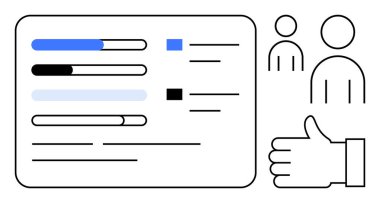 İlerleme çubukları, kontrol listesi ögeleri, soyut kullanıcı simgeleri ve bir başparmak işareti ile gösterge paneli arayüzü. İş akışı yönetimi, takım çalışması, geri bildirim, üretkenlik, analitik kullanıcı katılımı için ideal