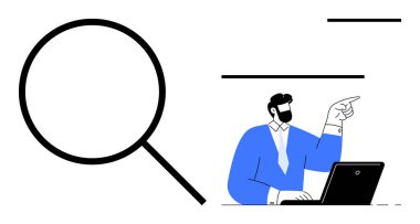 İşadamı elinde dizüstü bilgisayarla oturmuş, veriye doğru el kol hareketi yapıyor. Geniş büyüteç, araştırma ve analizi simgeler. Arama, büyüme, üretkenlik, liderlik ve planlama stratejisi için ideal başarı