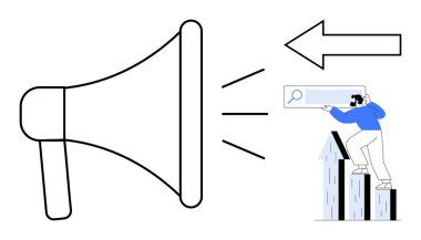 Megafon ses dalgalarını arama çubuğu kullanarak grafikteki bir adama yansıtıyor. İletişim, pazarlama, liderlik, büyüme, strateji, araştırma ve başarı için ideal. Basit düz metafor