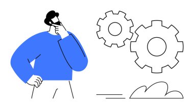 Teçhizat mekanizmalarına bakan düşünceli bir adam. Strateji, planlama, süreç, yenilik, problem çözme, yaratıcılık, iş akışı ve takım çalışması için ideal. Basit bir düz metafor.