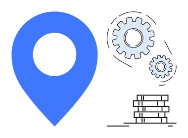 Birbirine kenetlenmiş vitesli mavi lokasyon iğnesi navigasyon, süreç optimizasyonu, teknolojik gelişim ve ekonomik ilerlemeyi gösteriyor. İş, finans ve yenilik için ideal