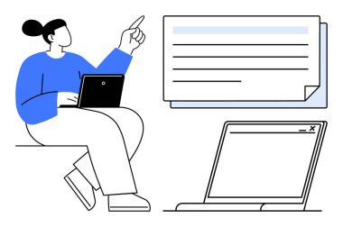 Dizüstü bilgisayarıyla oturan, elini kaldıran, belge ve tarayıcı penceresiyle etkileşime giren bir kadın. Teknoloji, uzaktan çalışma, eğitim, işbirliği, verimlilik iletişimi için ideal online araçlar. Basit.