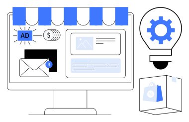 Bilgisayar ekranı reklamları, e-posta bildirimleri ve e-ticaret özellikleri. Çevrimiçi iş, pazarlama, otomasyon, yenilik, yaratıcılık teknolojisi ve dijital strateji için idealdir. Basit bir daire.