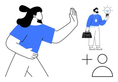 Bir kadın, ampul teklif eden bir adama el hareketiyle reddediyor. Yeni fikirleri sembolize ediyor. Karar verme, reddetme, yenilik, takım çalışması, liderlik ve müzakere için ideal