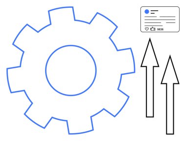 Dişliler süreçleri, oklar ilerlemeyi, sosyal medya kartları da dijital iletişimi temsil ediyor. Teknoloji, büyüme, gelişme, üretkenlik, dijital pazarlama, sosyal strateji için ideal