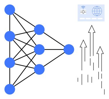 Birbirine bağlı düğümlü sinirsel ağ yapısı, ilerlemeyi gösteren oklar. Yapay zeka, makine öğrenimi, veri analizi, bağlantı, yenilik, küresel iletişim, geleceksel tasarım için ideal