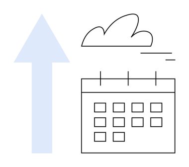 Zaman yönetimini sembolize eden takvim yukarı doğru ok ve bulut ile ilerleme, başarı ve büyümeyi sembolize ediyor. Planlama, organizasyon, programlama, üretkenlik, kariyer büyümesi, tahminler için ideal