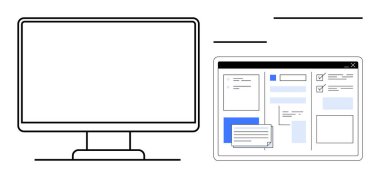 Kullanıcı arayüzü görüntüleme formları, kontrol listeleri ve metin alanlarının yanındaki masaüstü monitörü. İş akışı optimizasyonu, üretkenlik, proje yönetimi, organizasyon, kullanıcı deneyimi, uzaktan çalışma için ideal