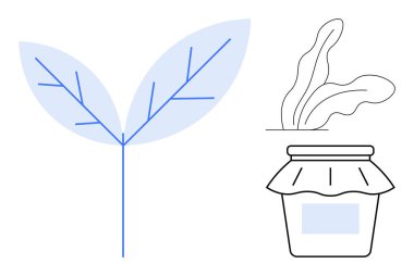 İki minimalist mavi yaprak, bir yapraklı sebze ve bir kavanoz. Sürdürülebilirlik, organik tarım, doğal ürünler, çevre dostu yaşam, sağlık bahçıvanlığı ve gıda korunumu için ideal. Basit bir daire.