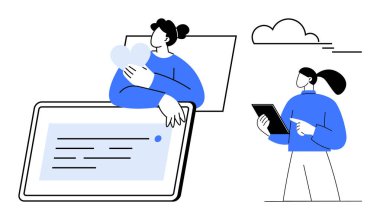 Adam mesaj balonunda kalp ikonuna sarılıyor, kadın tablet kullanıyor. İletişim, işbirliği, sosyal medya, teknoloji, bağlantı, içerik paylaşımı, basit iniş sayfası için ideal