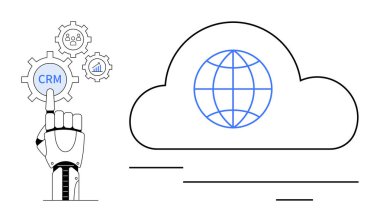 Robotik kol, insan simgeleriyle birlikte CRM donanımını etkinleştirir. Analiz çizelgesi bir bulutun içindeki dünyanın yanında. Teknoloji, bulut çözümleri, CRM yazılımı, otomasyon, yapay zeka, küresel bağlantı için ideal, basit düz