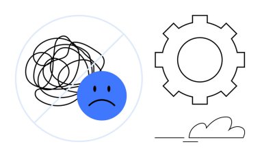 Karışık çizgilerin üzerindeki mavi üzgün surat, problem çözme teçhizatı, berraklık bulutu. Zihinsel sağlık, odaklanma, üretkenlik, ilerleme, çözümler, yenilik için ideal düz metafor