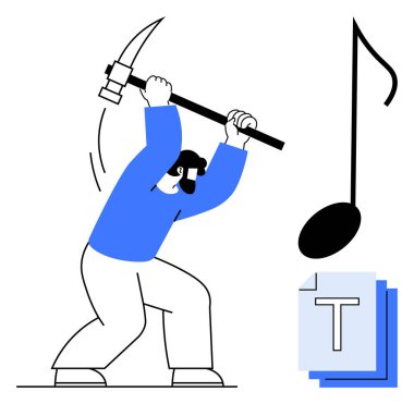 Yaratıcılık ve sıkı çalışmayı birleştiren, metin doküman yığınının yanında büyük bir nota çalan bir adam. Takım çalışması, yaratıcılık, üretkenlik, müzik, yazım, kararlılık, basit