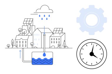 Güneş panelleri, ağaçlar ve yağmur suyu toplama sistemiyle şehir manzarası. Su deposu, teknolojiyi simgeleyen teçhizat ve verimliliği simgeleyen zamanlayıcı. Sürdürülebilirlik için ideal, yeşil enerji, kentsel