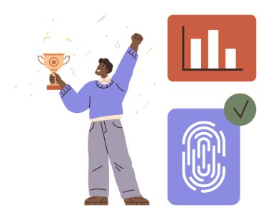 Zafer ganimeti kaldıran adam bar grafiği, parmak izi ve işaret simgeleriyle çevrili. Başarı, tanıma, veri analizi, kimlik doğrulama, hedef belirleme, başarı motivasyonu için ideal