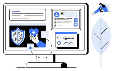 Bilgisayar ekranında sağlık sigortası kalkanı, hasta profili, sağlık istatistikleri, analitik ve aletler görülüyor. Teknoloji, sağlık, sigorta, veri analizi hasta yönetimi kullanıcısı için ideal