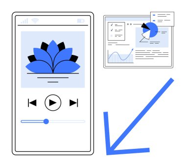 Müzik çalar uygulamasını kontrol ve ses görselleştirmesi, diyagramlı analitik gösterge paneli ve yönü gösteren ok ile gösteren akıllı telefon. Uygulamalar, analiz, dijital araçlar için ideal