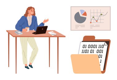 Masasında dizüstü bilgisayarı, kahvesi, grafikleri, pasta diyagramları ve ikili veri dosyası olan bir kadın. Analiz, teknoloji, iş, araştırma, kodlama öğrenme ekip çalışması için idealdir. Basit.