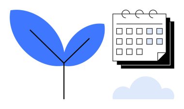 Basit bir takvim ve yumuşak bulutun yanında mavi yaprak dalı, büyüme planlamasını, eko-verimliliği ve sürdürülebilir geleceği simgeliyor. Ekoloji, çevre, planlama, yenilik, büyüme programları için ideal