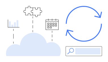 Bağlı bar çizelgesi, bulmaca parçaları, takvim, güncelleme için dairesel oklar ve arama çubuğu olan bulutlar. Veri yönetimi, takım işbirliği, otomasyon, analiz planlama için ideal basit güncellemeler