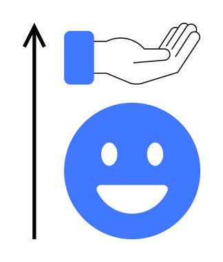 Açık el hareketi, yukarı doğru ok ve gülümseyen mavi yüz destek, büyüme, pozitiflik, katkı, ilerleme, refah ve gelişim fikirlerini destekliyor. Motivasyon liderliği için ideal.