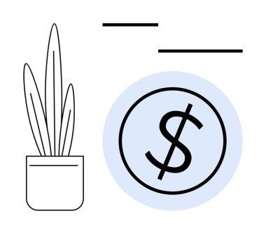 Çemberin içinde, temiz çizgileri olan çok az saksı bitkisinin yanında dolar işareti var. Finansal büyüme, sürdürülebilirlik, minimalizm, eko-yatırımlar, iş ekolojisi, tasarruflar ve yeşil ekonomi için ideal. Basit.