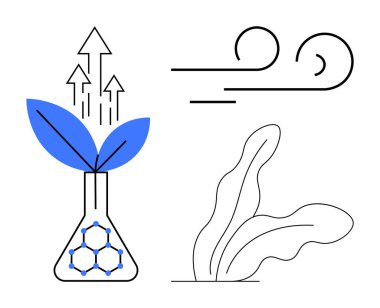 Yeşil yapraklı laboratuvar şişesi, kıvrımlı rüzgar çizgileri, ve eko büyümesini vurgulayan soyut bitki şekli, yenilenebilir enerji, bilimsel araştırma, çevre bakımı, yeşil teknoloji, yenilik
