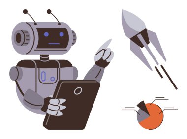 Robot veri analizi için tablet kullanıyor, görsel çizelgeler ve diyagramlarla roket fırlatmasına rehberlik ediyor. Yapay zeka, robot bilimi, yenilik, bilim, uzay teknolojisi, otomasyon dijital stratejisi için idealdir. Basit düz